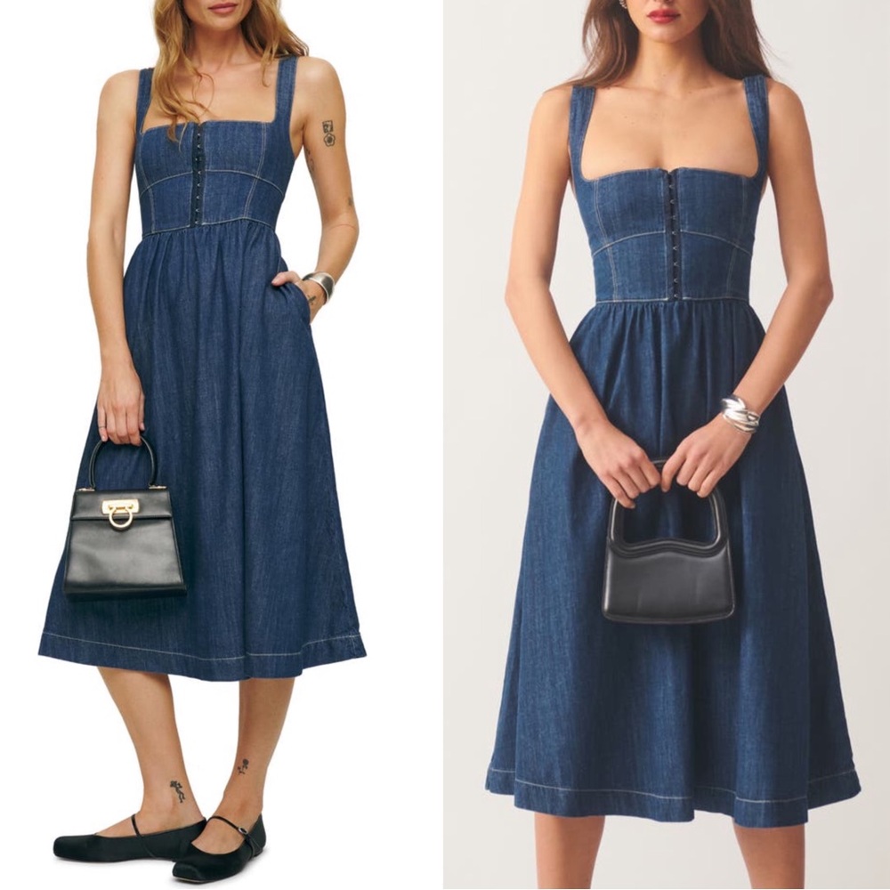 REFORMATION BLOGGER Denim Square Neck Retro Fit & Flare Tagliatelle Midi Dress